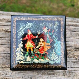 Hand-Painted Palekh Russian Lacquer Box Signed Winter Scene Black & Red Interior